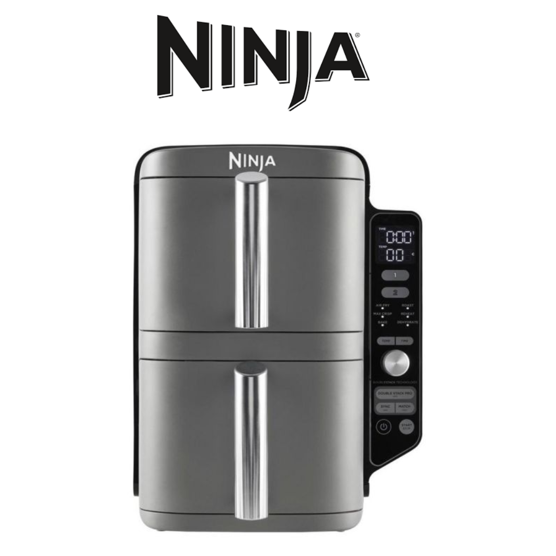 A sleek, modern Ninja SL400UK Double Stack XL 2-Drawer 9.5L Air Fryer. The appliance features a robust black and silver finish with two spacious drawers for simultaneous cooking. The control panel, situated above the drawers, displays digital touch button