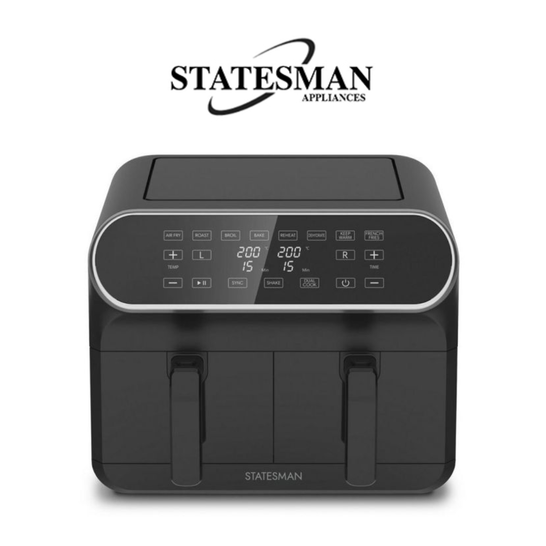 A stylish Statesman Dual Zone Digital Air Fryer in a black and silver design, featuring two spacious cooking compartments with individual digital control panels. The LED displays show adjustable cooking times and temperatures, allowing for versatile meal 