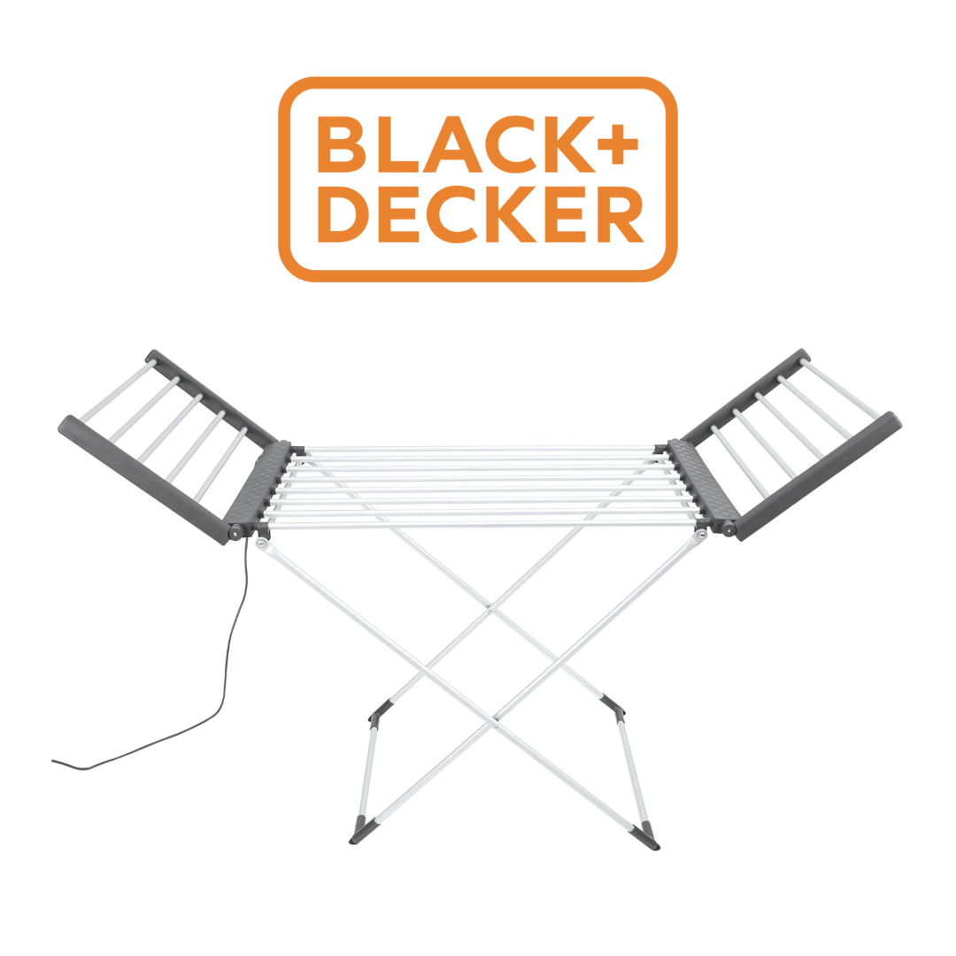 Black+Decker foldable heated airer with extendable wings and multiple drying rails, featuring a white frame and grey accents, connected with a power cord