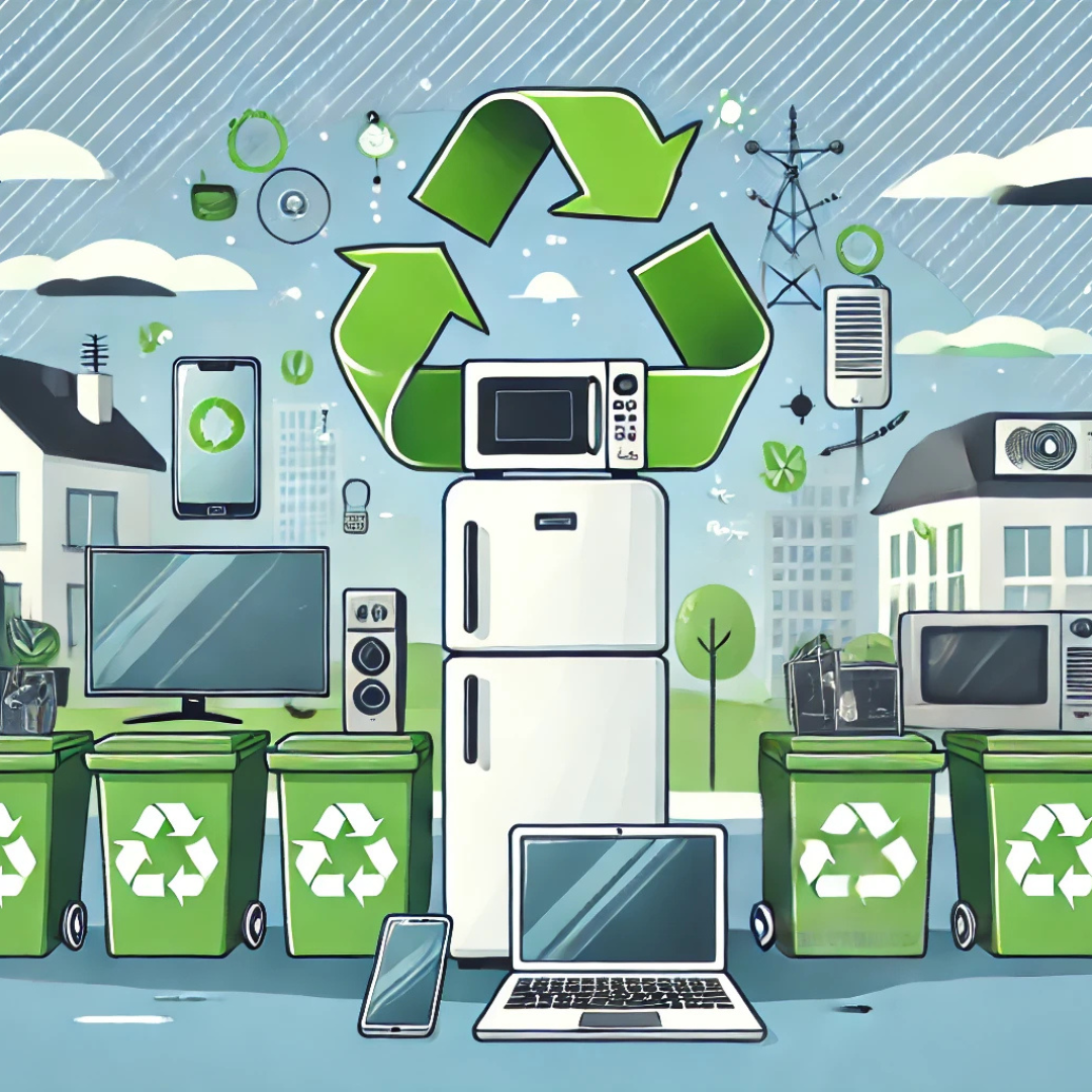 An illustration showing a variety of old electrical appliances, including a fridge, microwave, laptop, smartphone, and TV, surrounded by green recycling bins with recycling symbols. A large recycling icon is prominently displayed in the centre, symbolisin