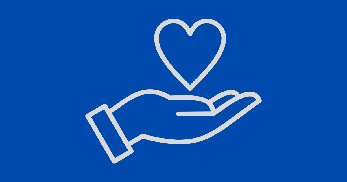 White outline of an open hand holding a heart symbol, representing generosity and the act of donating old appliances to help others, set against a solid blue background