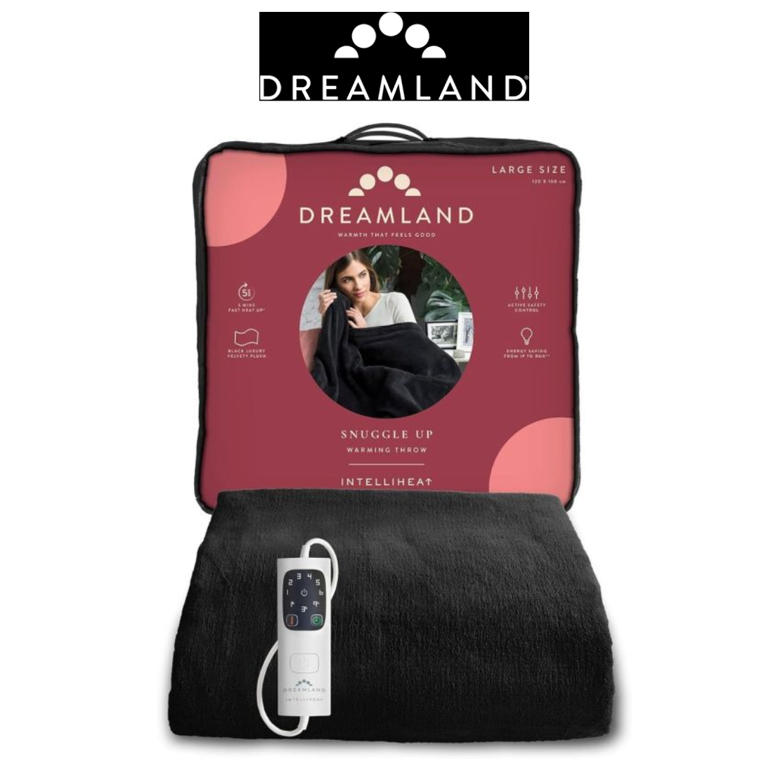 Dreamland large size heated blanket in black, with an attached digital controller, featuring a product packaging display with a model using the blanket.