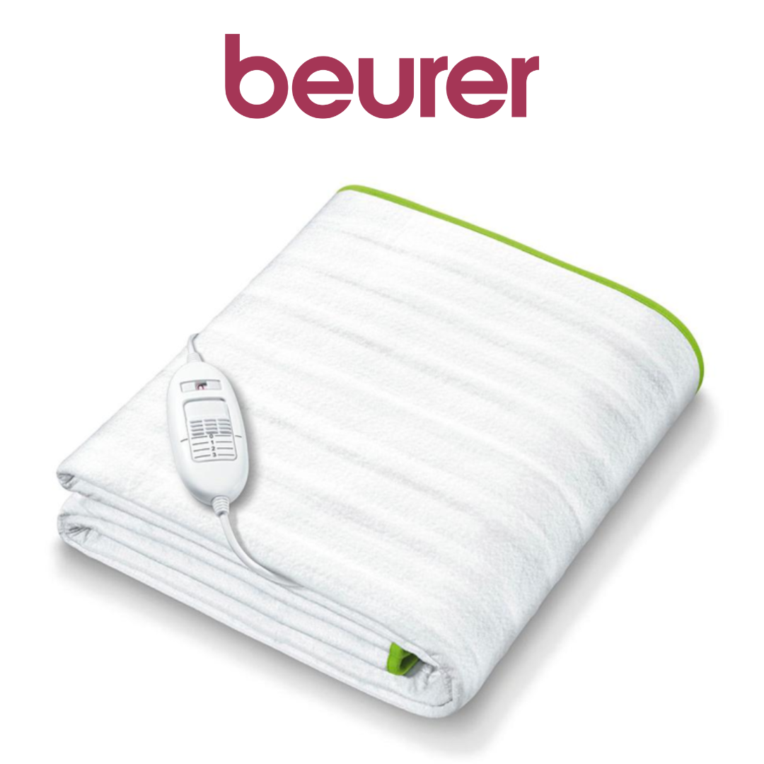 Beurer white heated blanket with a soft, striped texture, lime green trim, and a single digital controller for customisable heat settings.