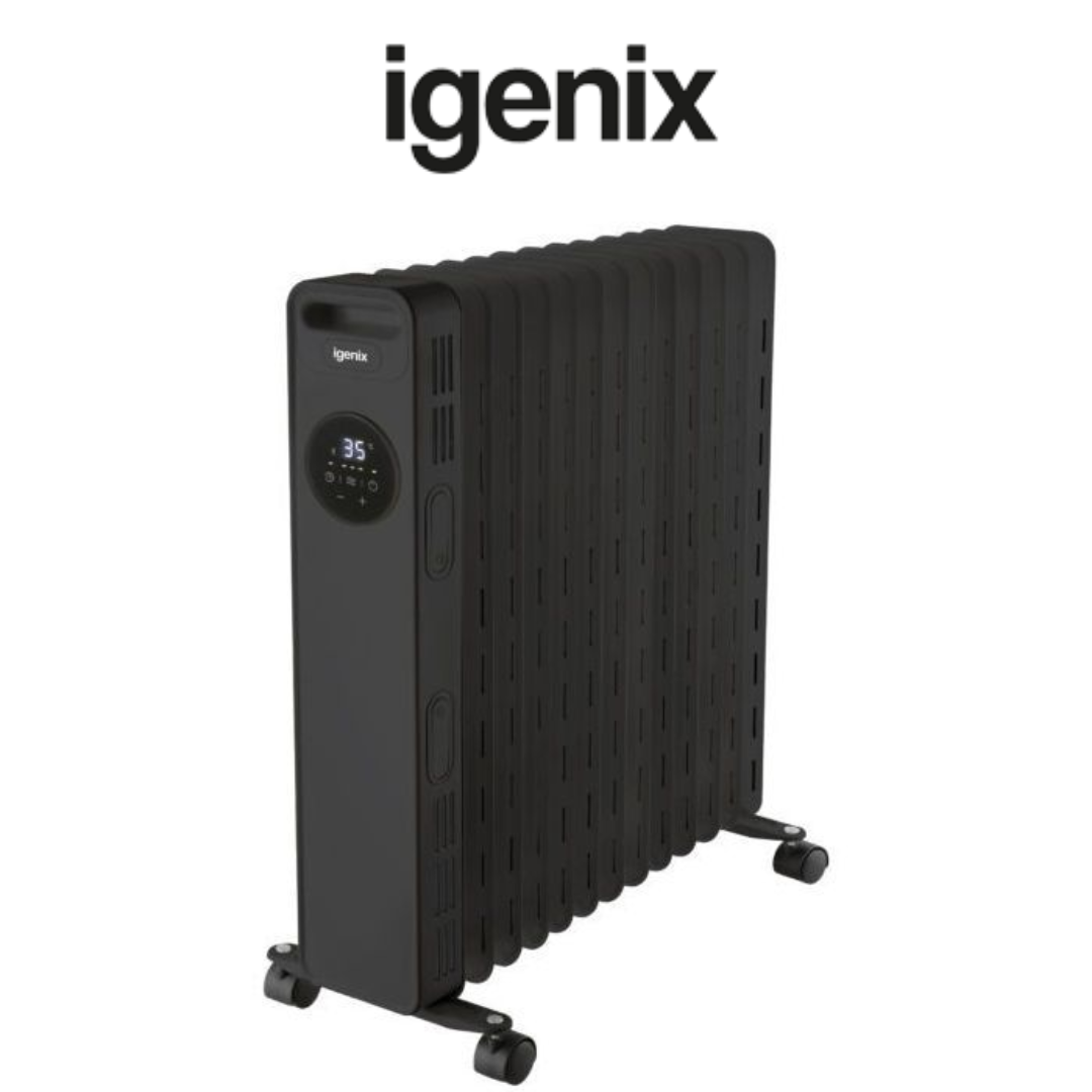 Igenix black oil-filled radiator with a sleek design, digital temperature display, adjustable thermostat, and caster wheels for easy mobility