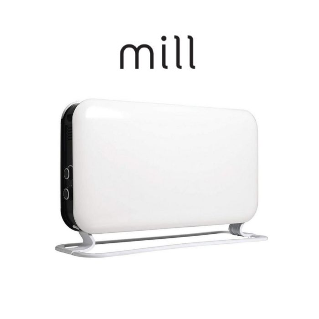 Mill white convection heater with a minimalist curved design, adjustable controls on the side, and a sleek metal stand for stability