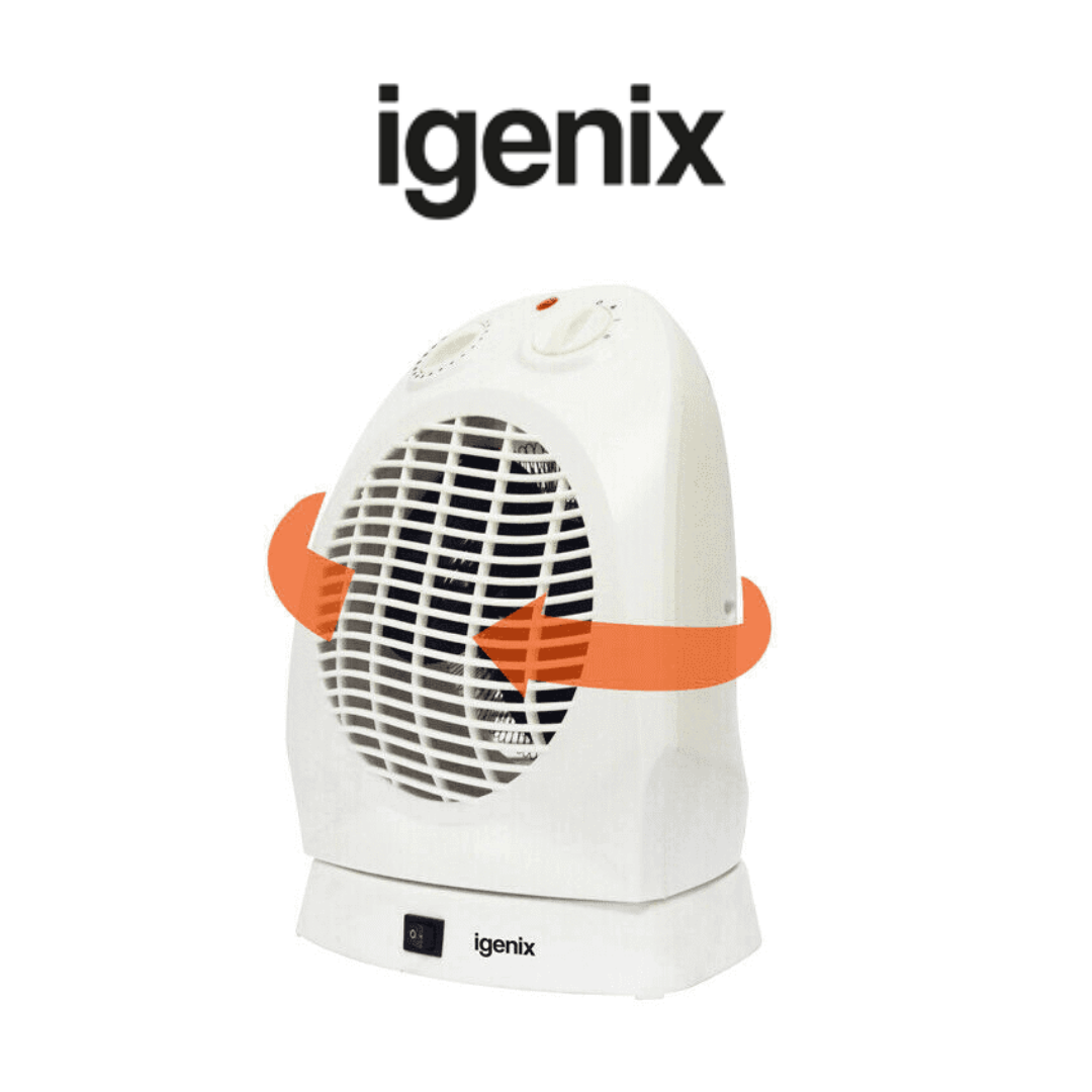 Igenix white oscillating fan heater with a compact design, adjustable temperature and fan speed dials, and an oscillation feature indicated by orange arrows