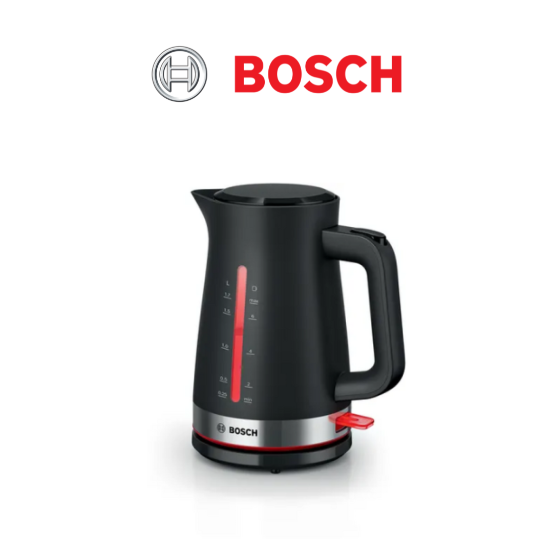 Bosch black electric kettle with a sleek design, red accent details, a water level indicator, ergonomic handle, and stainless steel base