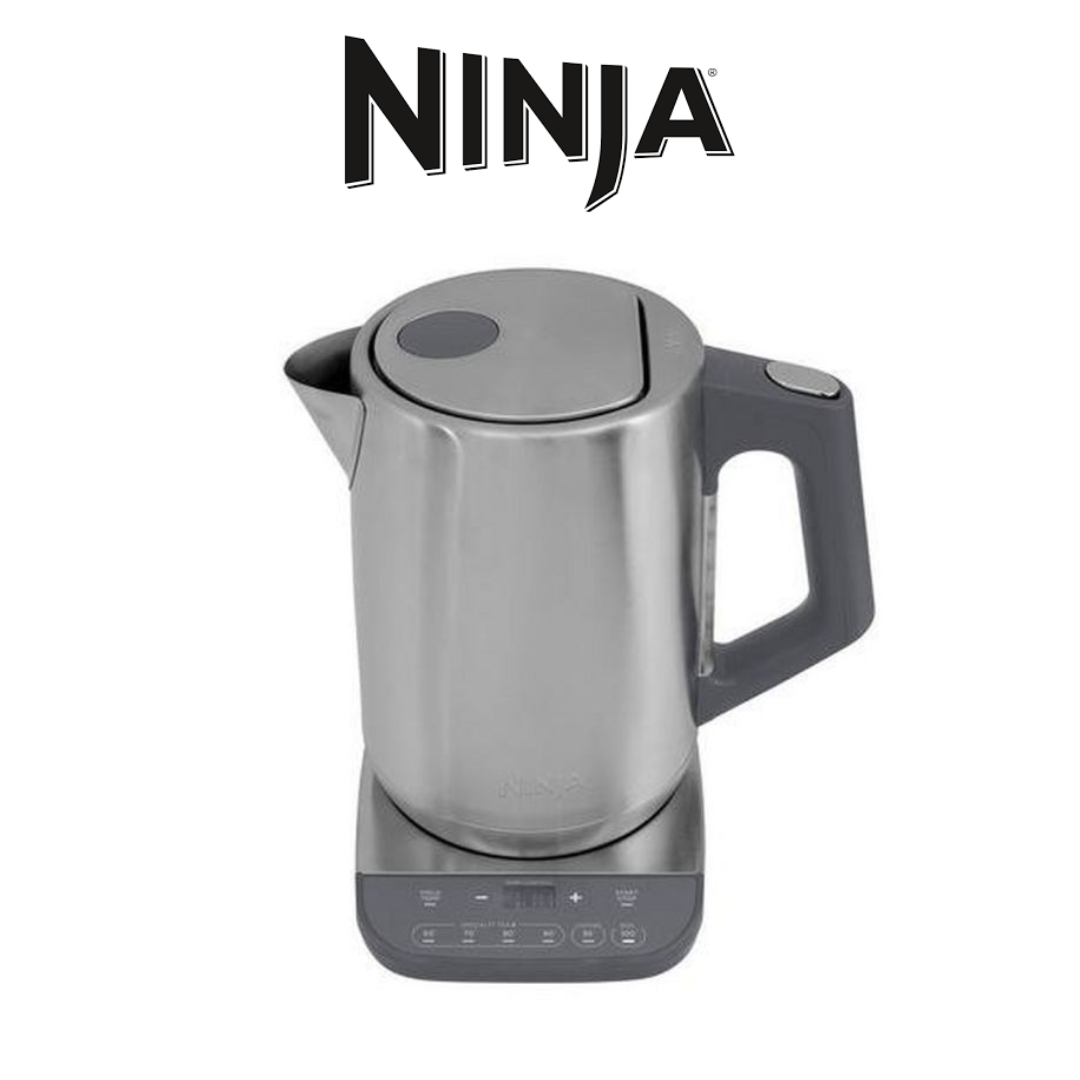 Ninja stainless steel electric kettle with a modern design, digital base for temperature control, grey accents, and a transparent water level indicator on the handle.