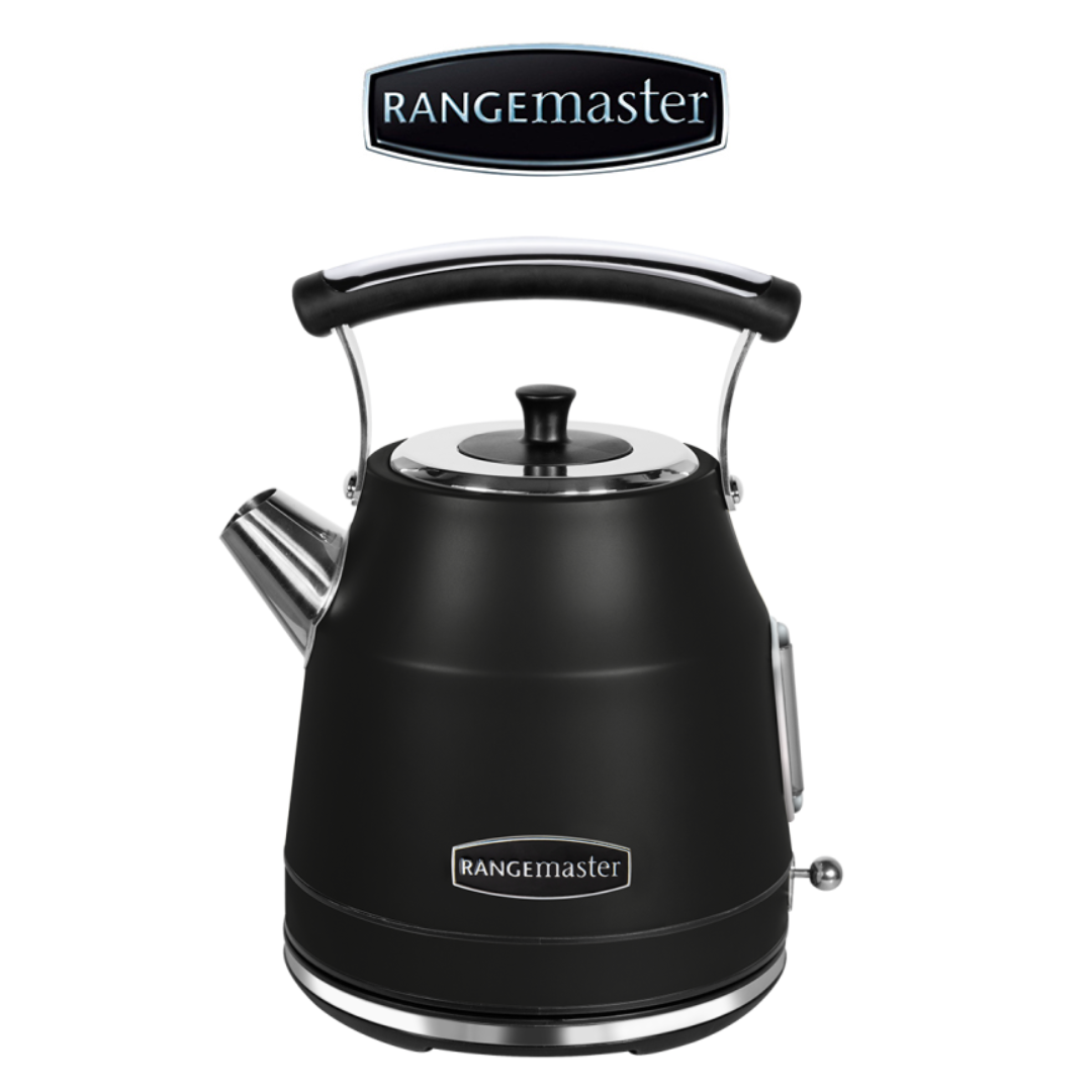 Rangemaster black retro-style electric kettle with a stainless steel spout, polished chrome accents, a curved handle, and a traditional domed design