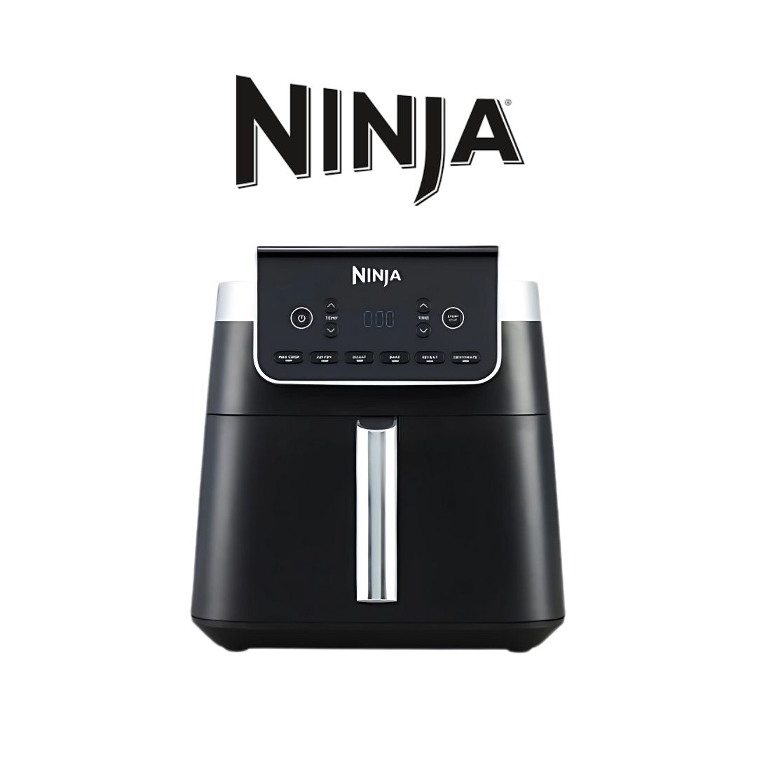 A Ninja Max Pro 6.2L Air Fryer with a sleek black finish and silver accents, featuring a large 6.2-litre capacity. The appliance has a digital control panel with touch buttons and an LED display for setting time and temperature. It is compact yet s