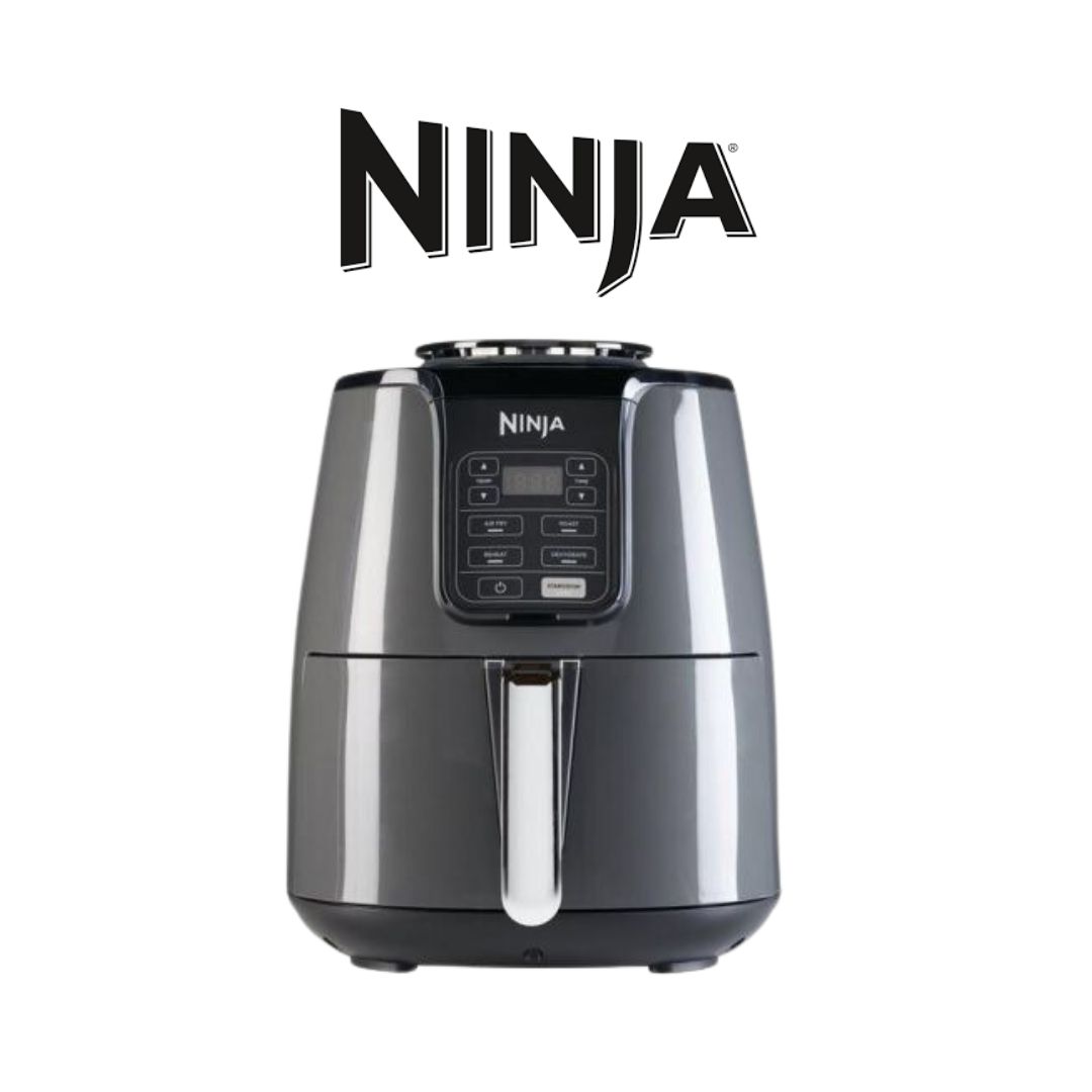 A sleek Ninja AF100UK 3.8L Air Fryer and Dehydrator with a glossy black and silver finish. The front panel features a digital control system with multiple pre-set buttons for cooking functions, an LED display, and a silver handle for the basket. The Ninja