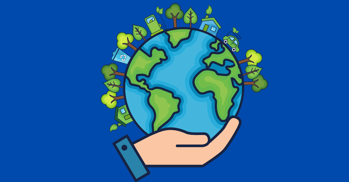 Illustration of a hand holding the Earth, surrounded by trees, houses, recycling symbols, and eco-friendly items, symbolising environmental sustainability, on a blue background.