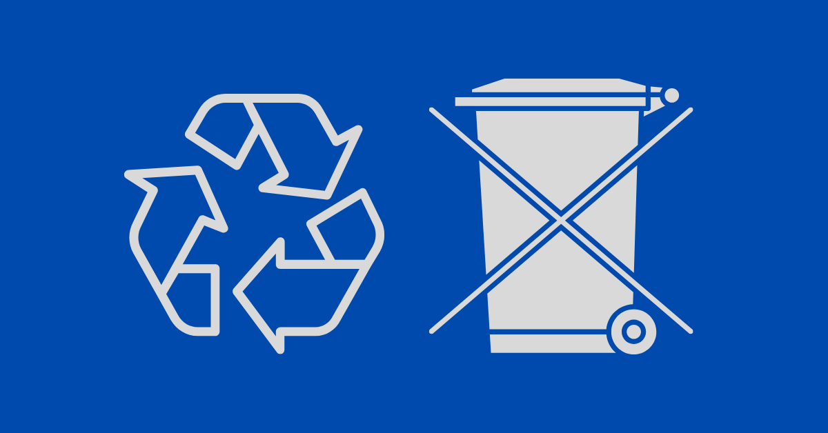 Recycling symbol with three arrows forming a triangle on the left and a crossed-out wheeled bin symbol on the right, both in white on a blue background, representing recycling and proper waste disposal guidelines.