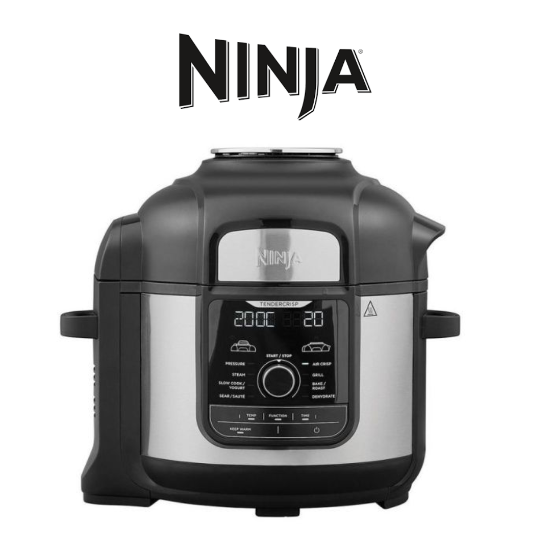 "Ninja multi-function cooker with a sleek black and stainless steel design, featuring a digital control panel, multiple cooking options such as pressure, air crisp, grill, and slow cook, and side handles for portability