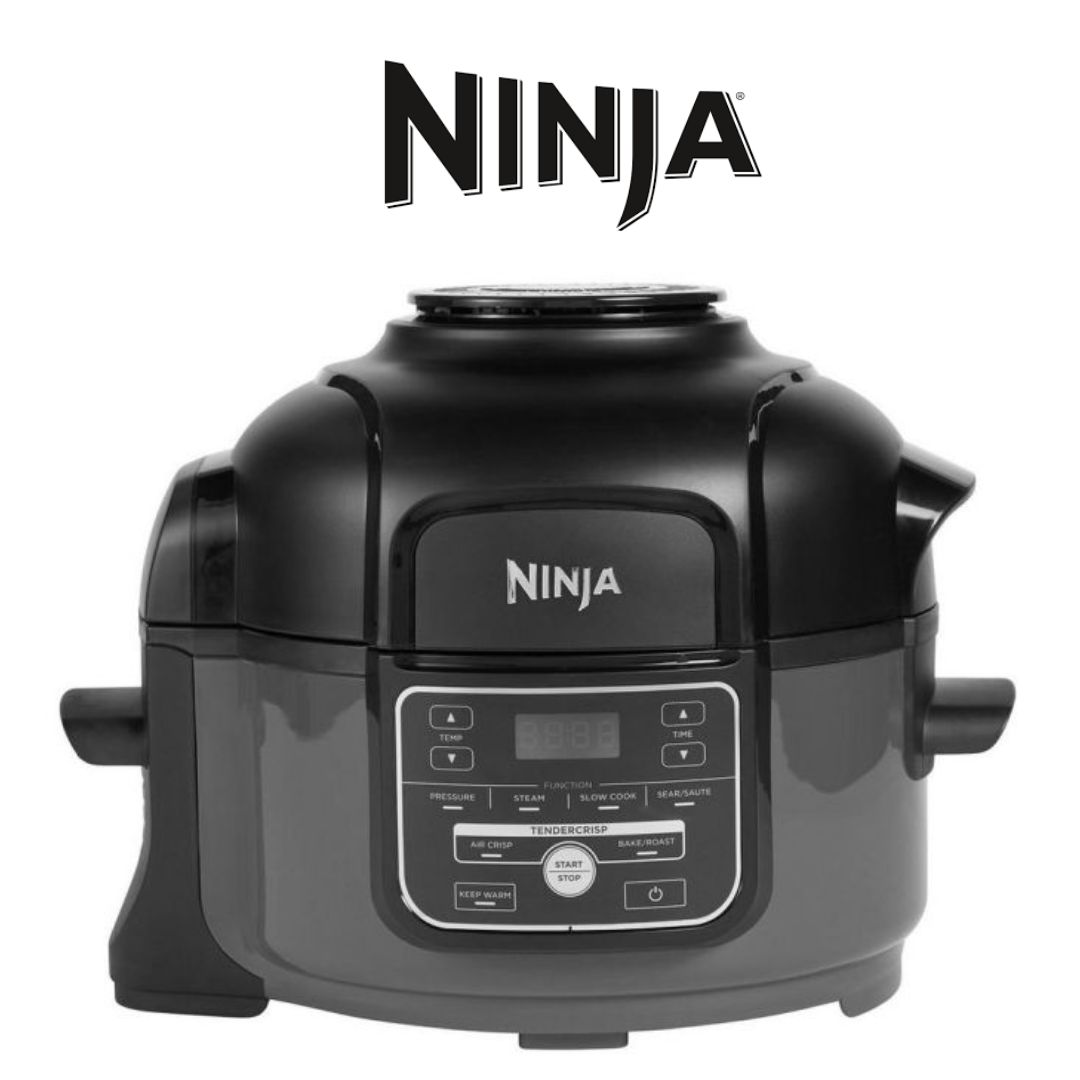 Ninja black multi-cooker featuring a digital control panel with multiple cooking modes, including pressure cooking, air crisp, slow cooking, and sautéing, with sturdy side handles for portability.