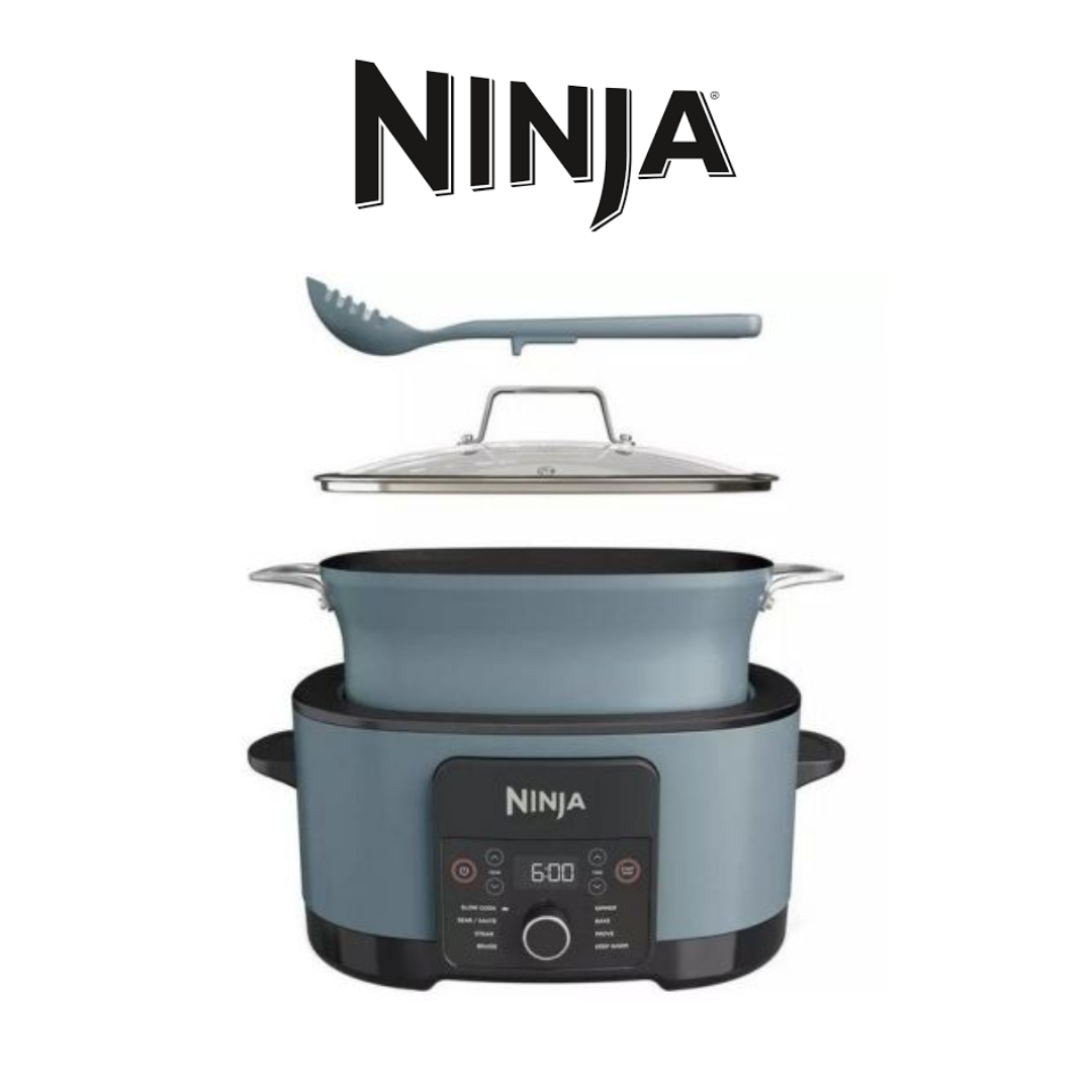 Ninja multi-purpose cooking system with a grey pot, clear glass lid, matching serving spoon, and a digital control panel offering various cooking options, including slow cooking and steaming