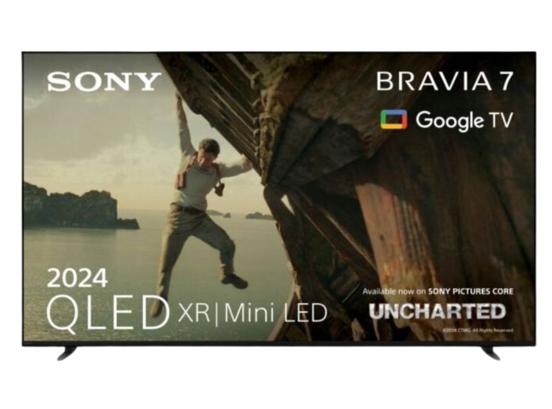 Sony 2024 QLED XR Mini LED TV with Bravia 7 technology and Google TV integration, displaying a scene from the movie Uncharted